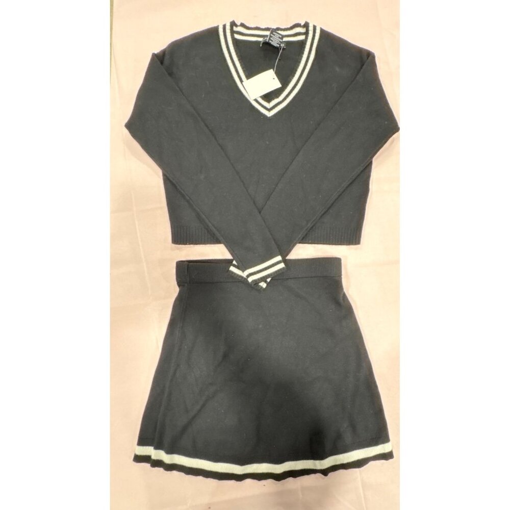 Black & White Varsity Chic Knit Two-Piece Sweater & Skirt Set W/ Sporty Stripes